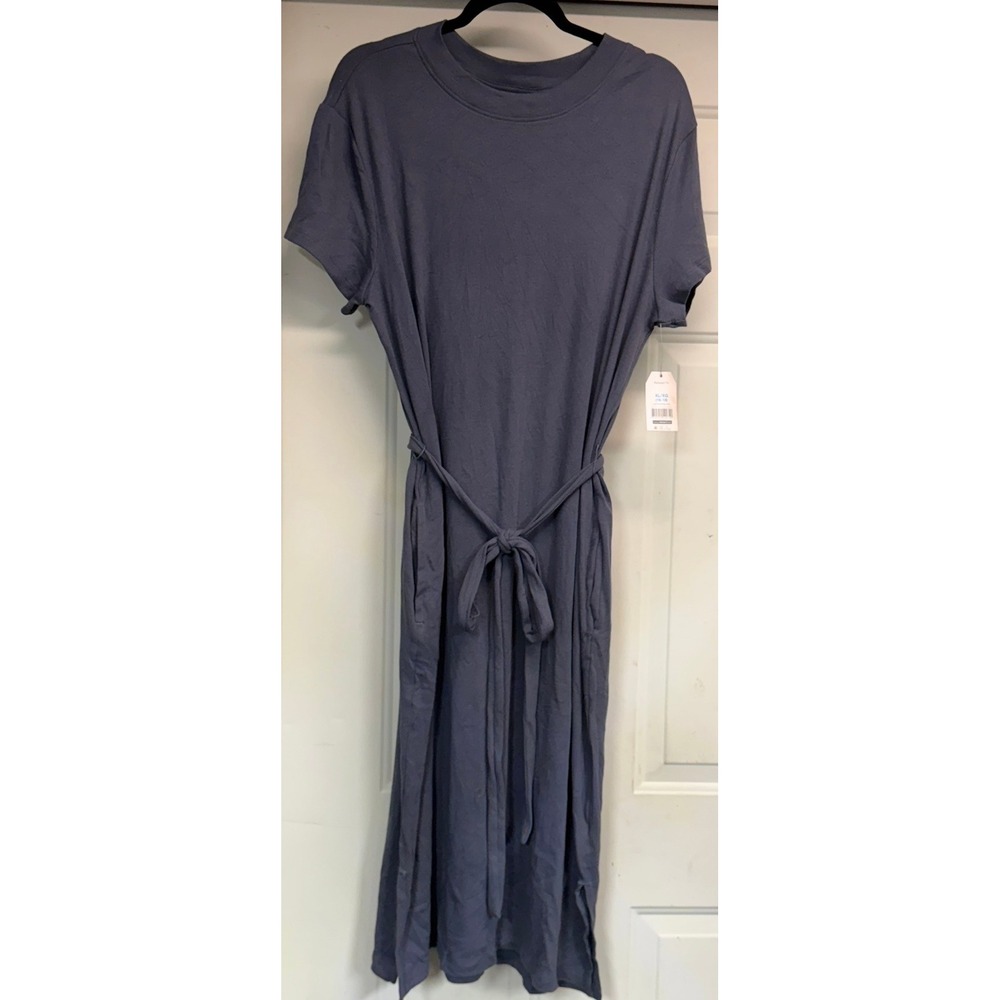 Time and Tru Womens XL 16-18 Blue Ribbed Short Sleeve Belted Midi Dress NWT 0511